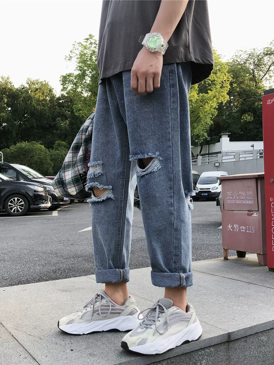 Quần nam phong cách Harajuku, quần jean thời trang kiểu Hàn Quốc, quần ống rộng dáng thẳng, quần rách mùa hè, quần lửng rách.