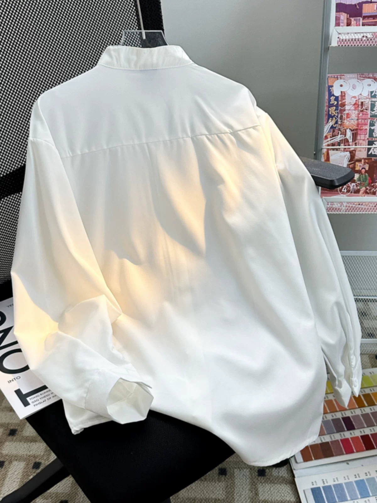 Áo sơ mi cổ đứng kiểu Trung Quốc mới dành cho nam, tay dài, dáng rộng, áo sơ mi DK màu trắng, áo kiểu dáng thời thượng cao cấp mùa hè.