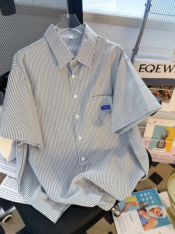 Áo sơ mi ngắn tay sọc mùa hè phong cách Nhật Bản dáng rộng áo sơ mi nam dành cho cặp đôi áo khoác mỏng hợp thời trang đa năng