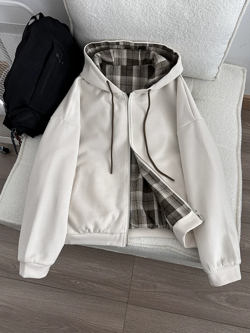 Áo khoác thiết kế có thể đảo ngược dành cho nam và nữ, áo nỉ có mũ trùm đầu dáng rộng hợp thời trang mùa xuân thu, áo khoác chắp vá kẻ sọc phong cách Mỹ.