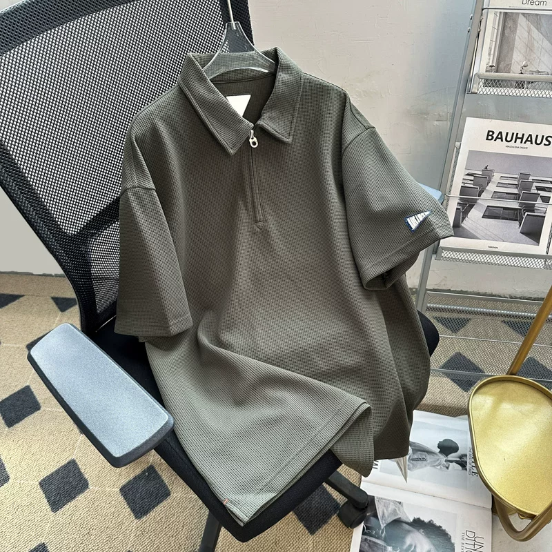Áo polo waffle dày dặn dành cho nam, áo thun tay ngắn cổ trụ thời trang mùa hè, kiểu dáng rộng rãi thoải mái phong cách retro Mỹ, tay áo lửng.