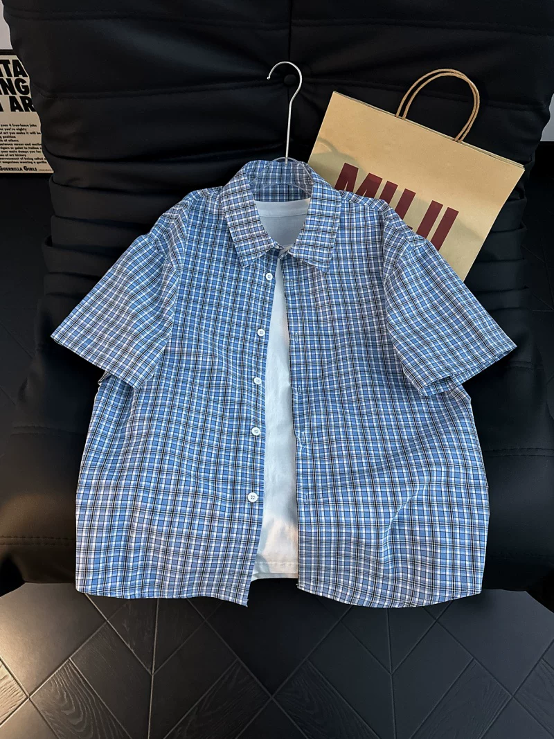 Áo sơ mi ngắn tay kẻ sọc phong cách retro của Mỹ dành cho nam, áo khoác sơ mi dáng rộng mùa hè, áo nửa tay thông thường của thương hiệu thời thượng