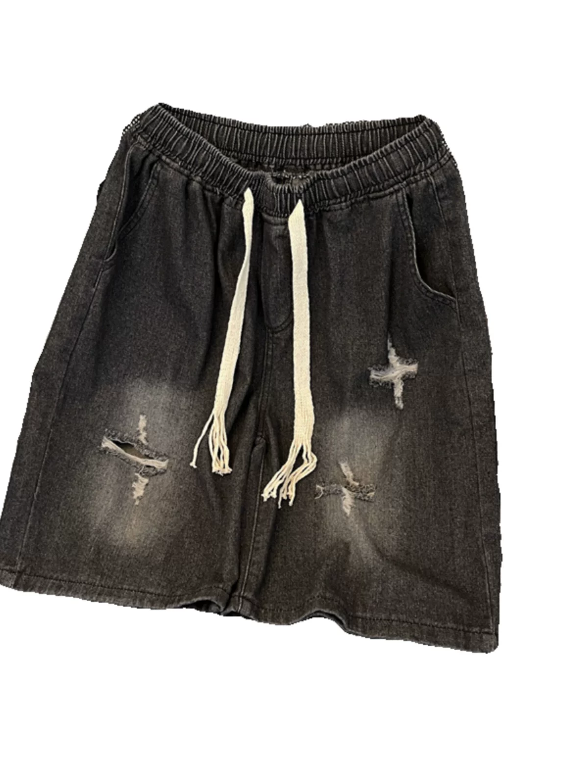 Quần short denim rách phong cách INS mùa hè, quần vintage dáng rộng, quần short nam thời trang kiểu Mỹ, dài đến đầu gối.