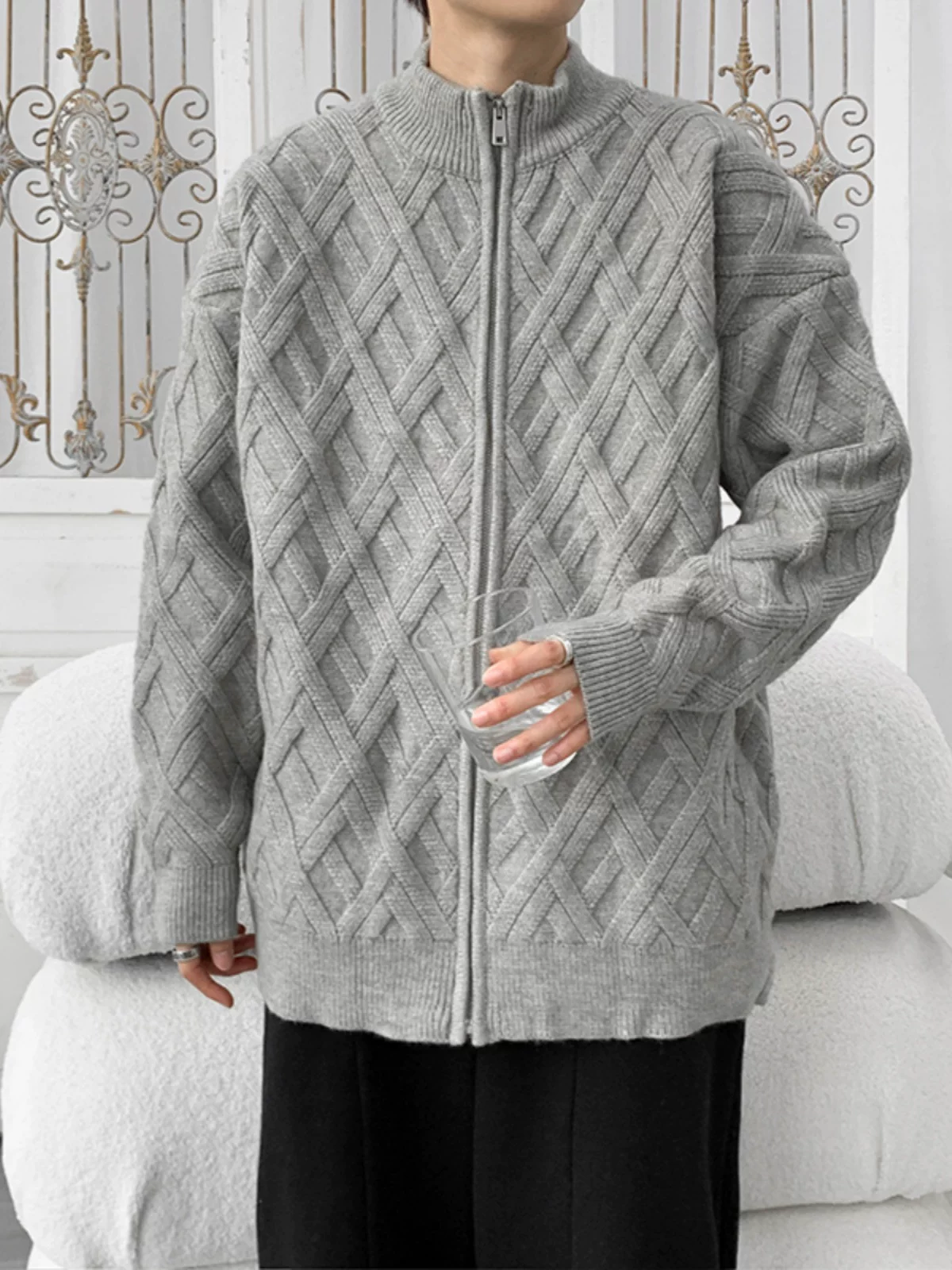 Áo len cardigan nam thu đông 2024 kiểu dáng thời trang cổ đứng, chất liệu dệt kim, dáng rộng, phong cách Nhật Bản, áo khoác len casual