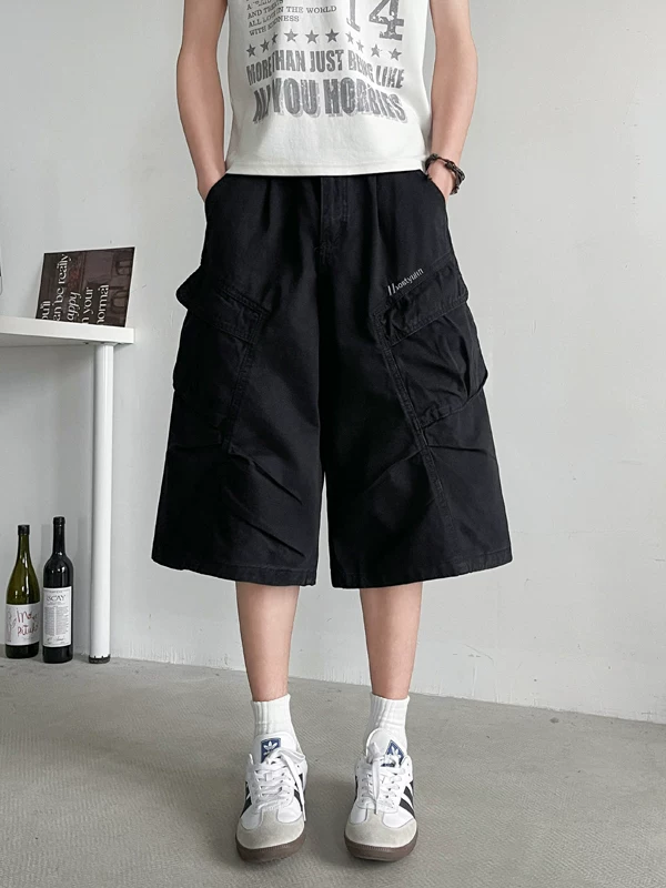 Quần short nam nhiều túi, thương hiệu thời thượng, dáng rộng, thiết kế xếp ly, quần ống đứng, quần short ống rộng mùa hè.