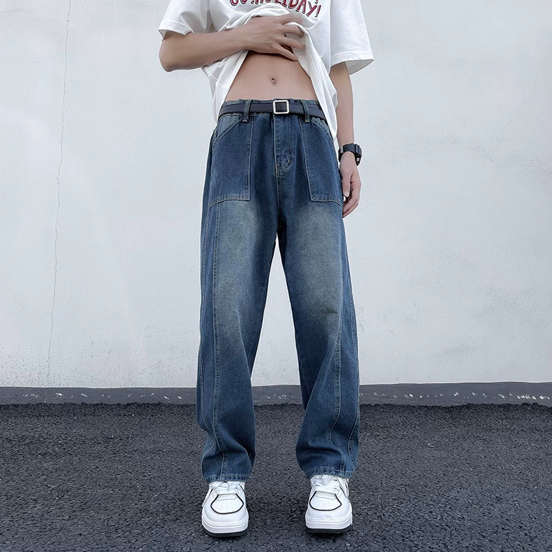 Quần jean denim nam kiểu Mỹ cổ điển, thương hiệu thời thượng, quần ống rộng, phong cách đường phố mùa hè, quần dài dáng suông.