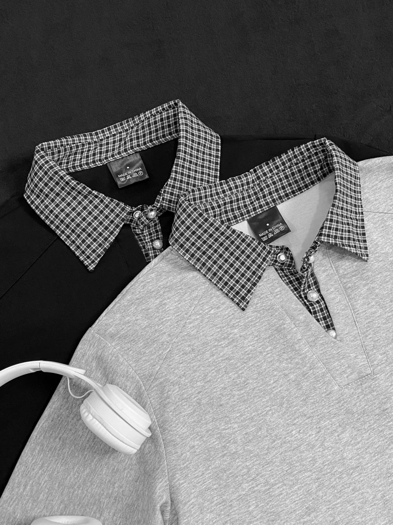 Áo polo nam tay ngắn phối họa tiết caro, kiểu dáng thời trang mùa hè, form rộng, thiết kế giả hai lớp, áo thun nửa tay phong cách retro Mỹ.