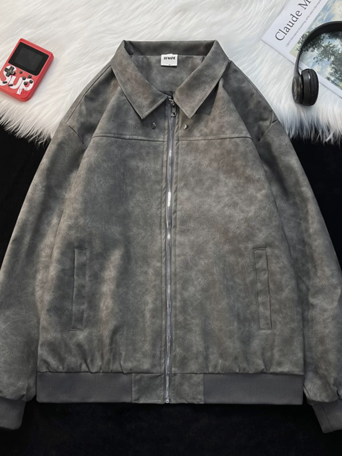 Áo khoác da PU phong cách retro Mỹ dành cho nam, dáng rộng, cổ lật, kiểu biker, áo khoác ngắn thời trang mùa xuân thu.