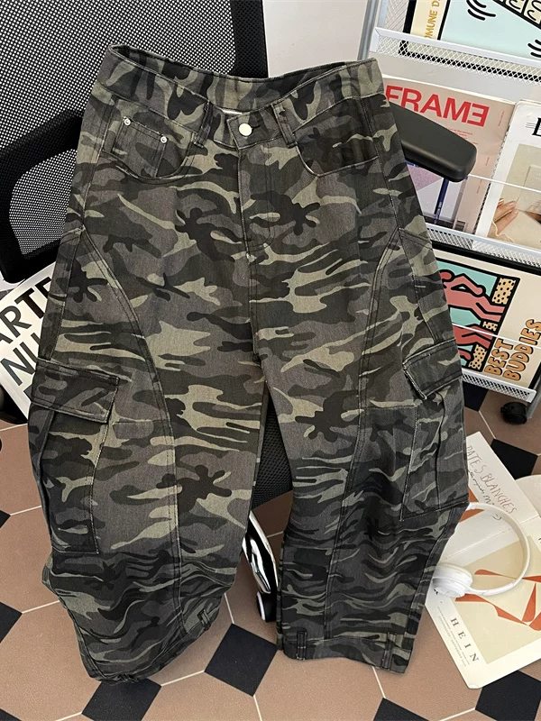 Quần jean kiểu Mỹ họa tiết rằn ri unisex nhiều túi, thiết kế phá cách, ống rộng, quần công sở ống thẳng thời trang