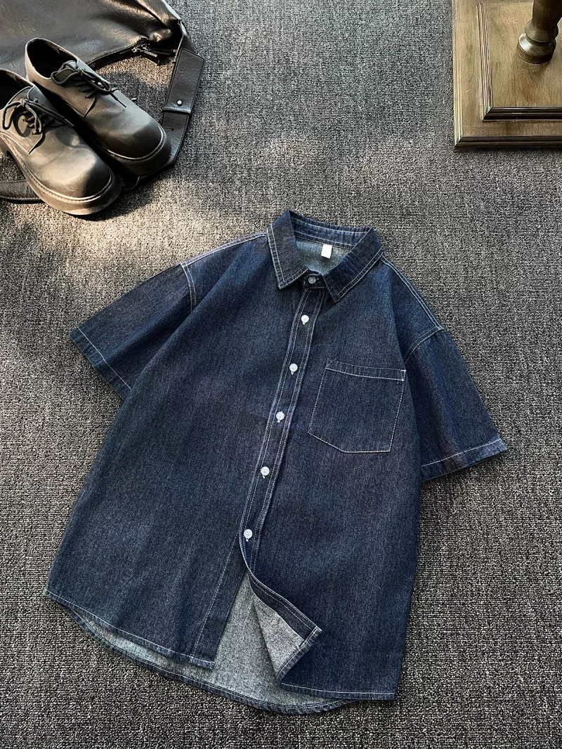 Áo sơ mi denim ngắn tay phong cách retro của Mỹ dành cho nam, áo công sở dáng rộng thoải mái mùa hè, áo khoác sơ mi thương hiệu thời thượng sành điệu