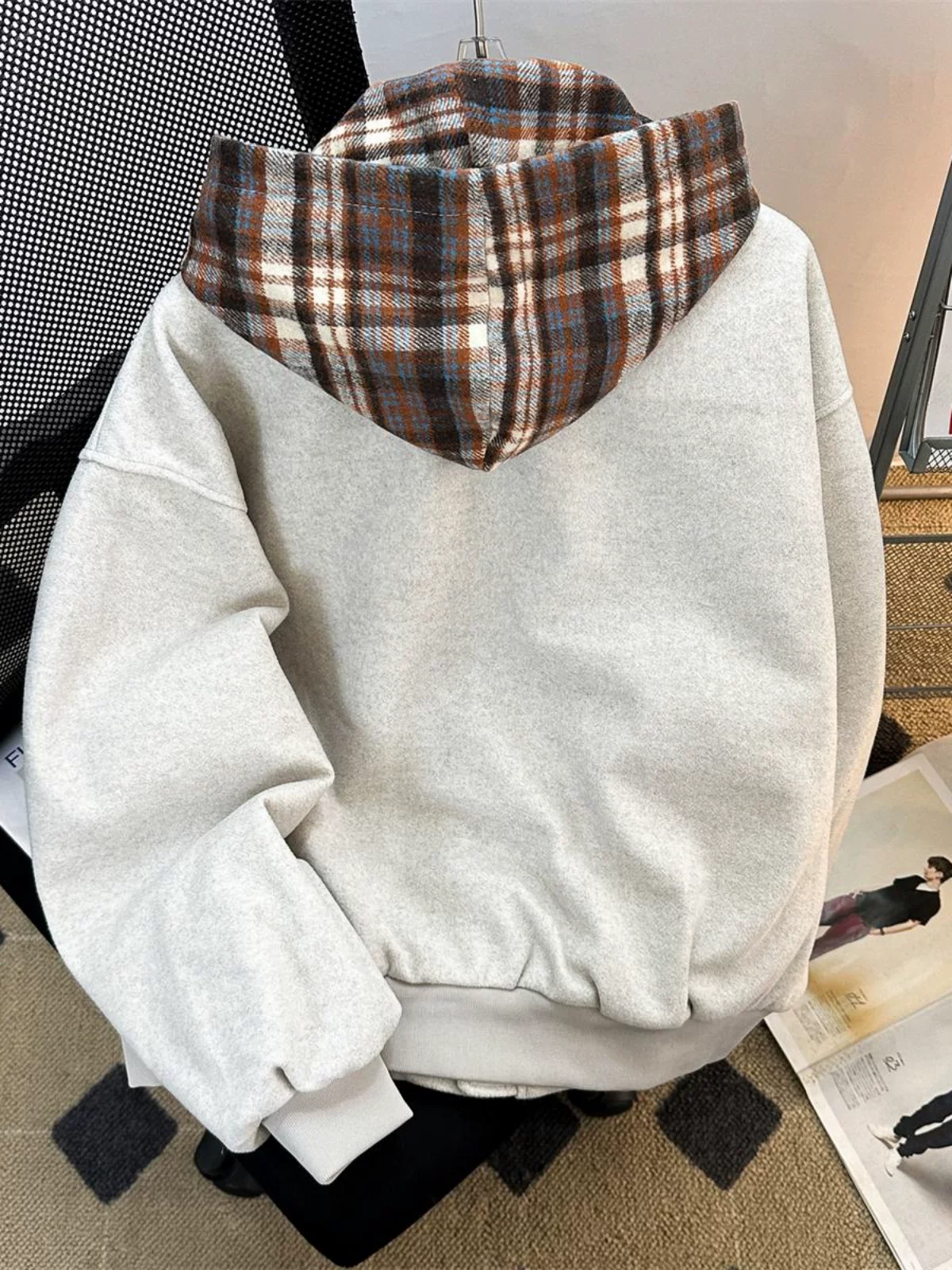 Áo khoác cotton có mũ trùm đầu kẻ sọc giả hai mảnh dành cho nam, áo khoác cotton dày phong cách Mỹ mùa thu đông, áo khoác len mát mẻ thương hiệu thời thượng.