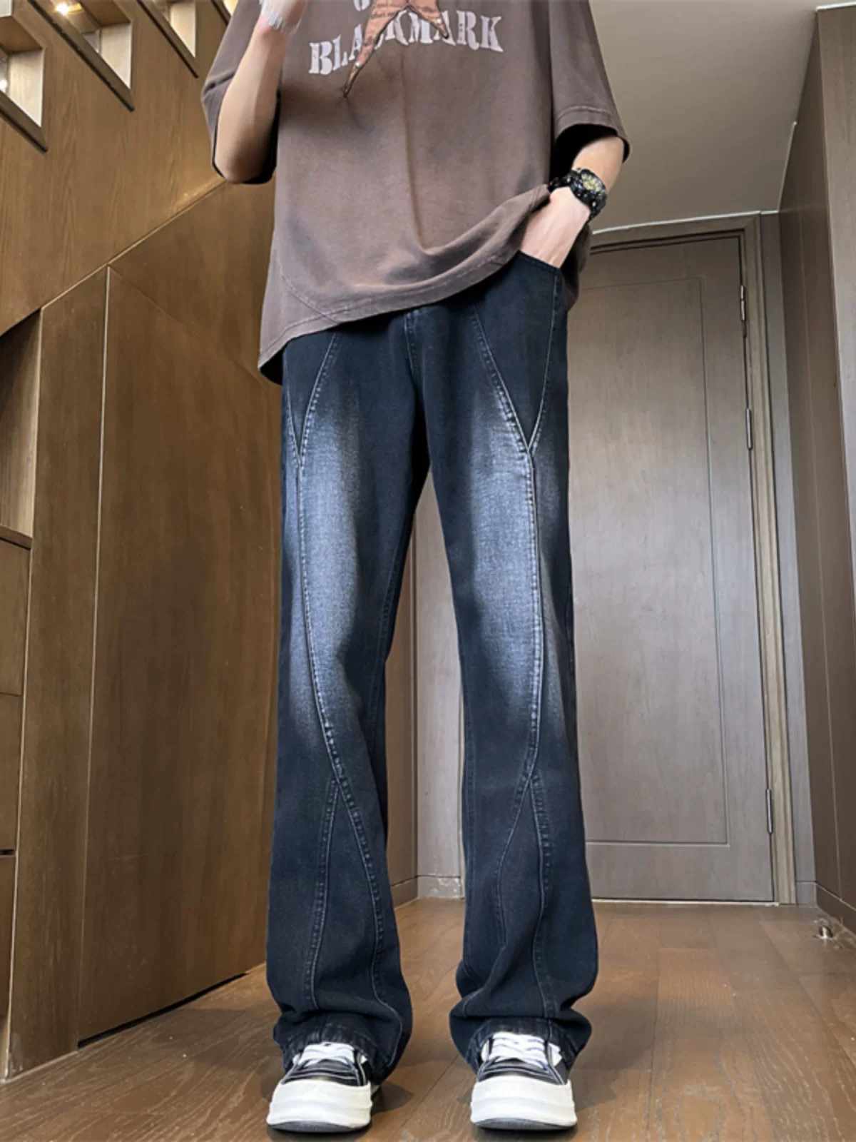 Quần jeans màu vàng đất phong cách đường phố Mỹ, quần casual mùa hè rộng rãi, hợp thời trang, kiểu dáng loe dành cho nam