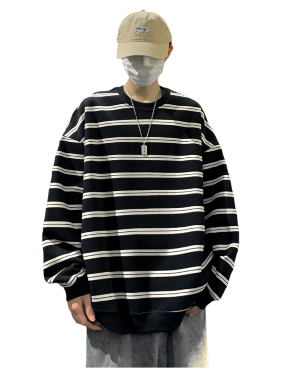 Áo thun kẻ sọc dày dặn dành cho nam, kiểu dáng rộng rãi thời trang xuân thu, chất liệu cotton nguyên chất, áo thun tay dài phong cách Mỹ cổ điển dành cho cặp đôi.