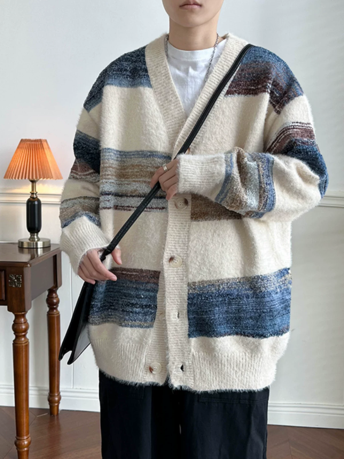 Áo len cardigan phối màu mùa thu đông Áo len dệt kim phong cách retro của cặp đôi Mỹ thương hiệu thời trang ins áo khoác dáng rộng phong cách lười biếng