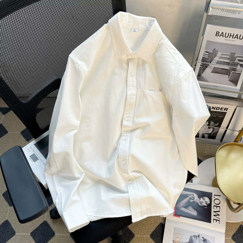 Áo sơ mi dài tay màu trơn cơ bản dành cho nam, áo kiểu Nhật Bản đơn giản, phong cách thường ngày, áo lót mỏng rộng rãi hợp thời trang mùa hè.