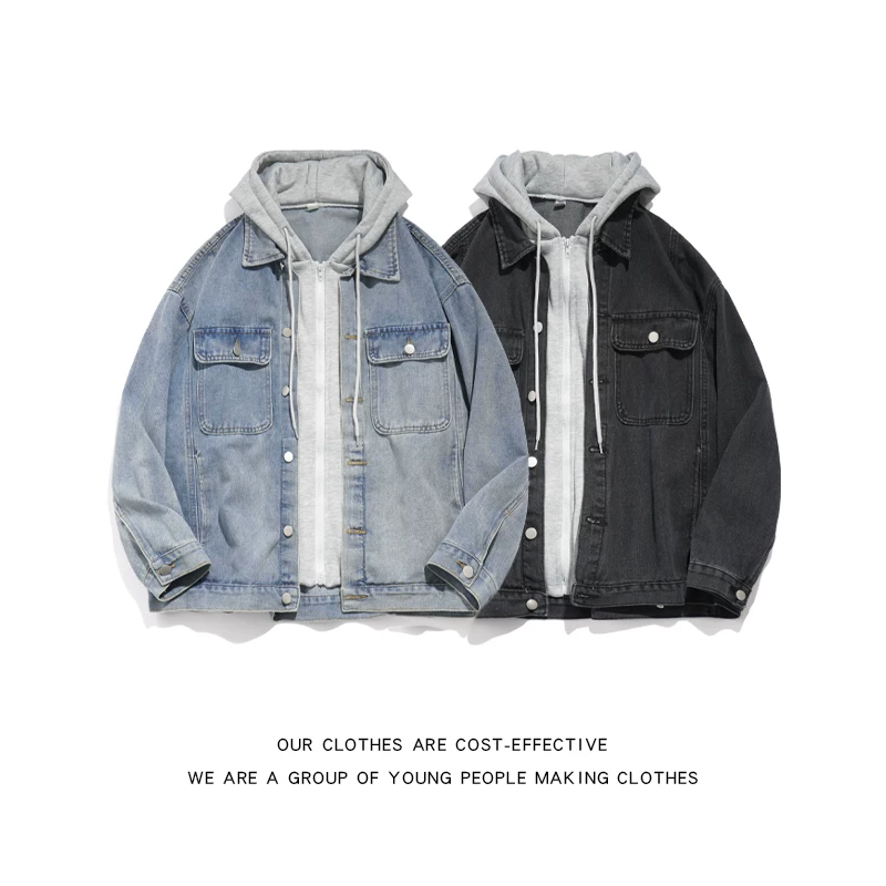 Áo khoác denim giả hai mảnh phong cách Hồng Kông, áo khoác nam sinh viên đa năng, áo khoác có mũ trùm đầu dáng rộng hợp thời trang mùa xuân thu