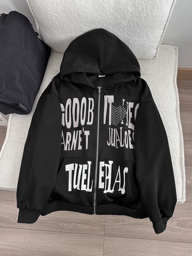 Áo khoác cardigan in chữ kiểu Mỹ dành cho nam, áo khoác có khóa kéo dáng rộng mùa xuân thu, áo khoác thiết kế đính đá thời trang.