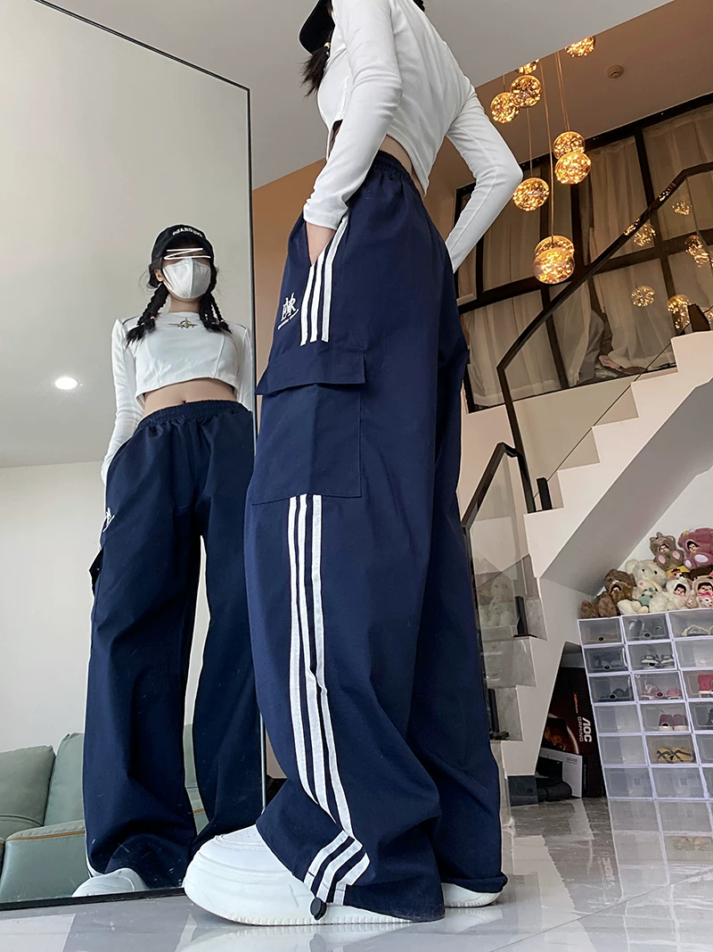 Quần cargo ống rộng sọc ngang phong cách Mỹ, quần đôi unisex thời trang đường phố, quần ống đứng dài chạm đất mùa hè, phong cách thường ngày