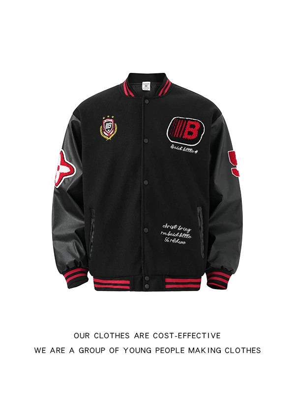 Áo khoác bóng chày nam phong cách retro Mỹ phối màu, tay áo bằng da PU, áo khoác phi công thêu huy hiệu mùa xuân thu.