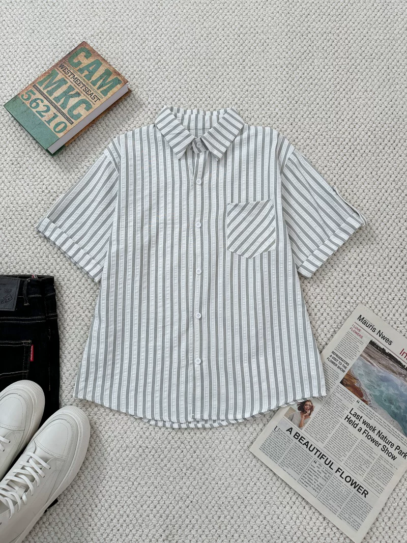 Áo sơ mi ngắn tay sọc kiểu Nhật dành cho nam và nữ, áo đa năng cổ bẻ mùa hè, áo khoác sơ mi cao cấp dáng rộng thương hiệu thời thượng.