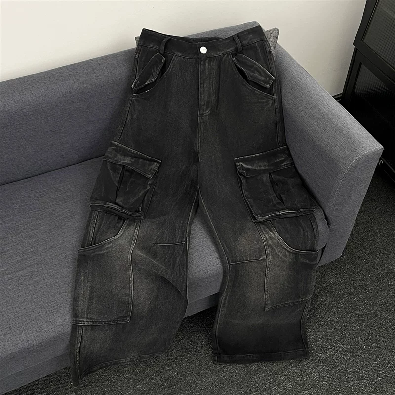 Quần jean nam phong cách đường phố Mỹ, nhiều túi, kiểu dáng retro thời thượng, ống rộng, quần dài chạm đất, dáng rộng thoải mái dành cho sinh viên.