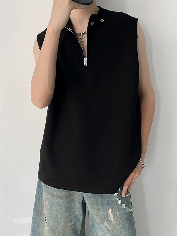 Áo vest nửa khóa kéo dành cho nam, thiết kế thời trang mùa hè, áo thun không tay, kiểu dáng thể thao gọn gàng, cá tính.