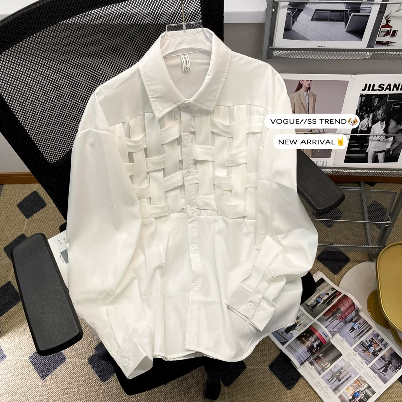 Áo sơ mi thiết kế độc đáo dành cho nam, áo kiểu dáng dài tay, phong cách thường ngày, áo sơ mi rộng rãi hợp thời trang theo phong cách Hồng Kông cho mùa xuân.