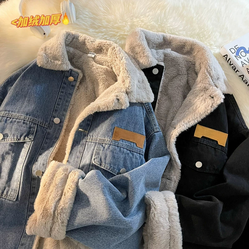 Áo khoác denim len cừu nam, dáng rộng mùa đông, lót lông cừu, áo khoác cotton dày, phong cách Nhật Bản, đã qua xử lý giặt, thương hiệu thời thượng, áo khoác cotton cặp đôi phong cách ins.