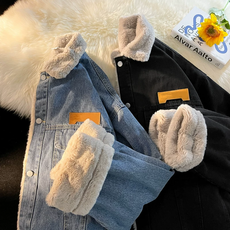 Áo khoác denim len cừu nam, dáng rộng mùa đông, lót lông cừu, áo khoác cotton dày, phong cách Nhật Bản, đã qua xử lý giặt, thương hiệu thời thượng, áo khoác cotton cặp đôi phong cách ins.