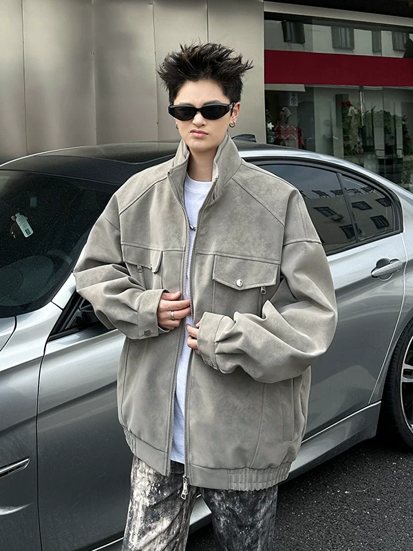 Áo khoác da PU cao cấp dành cho nam, áo khoác da biker cổ đứng phong cách Mỹ cổ điển, áo khoác cặp đôi thương hiệu thời thượng dáng rộng dành cho mùa xuân và mùa thu.