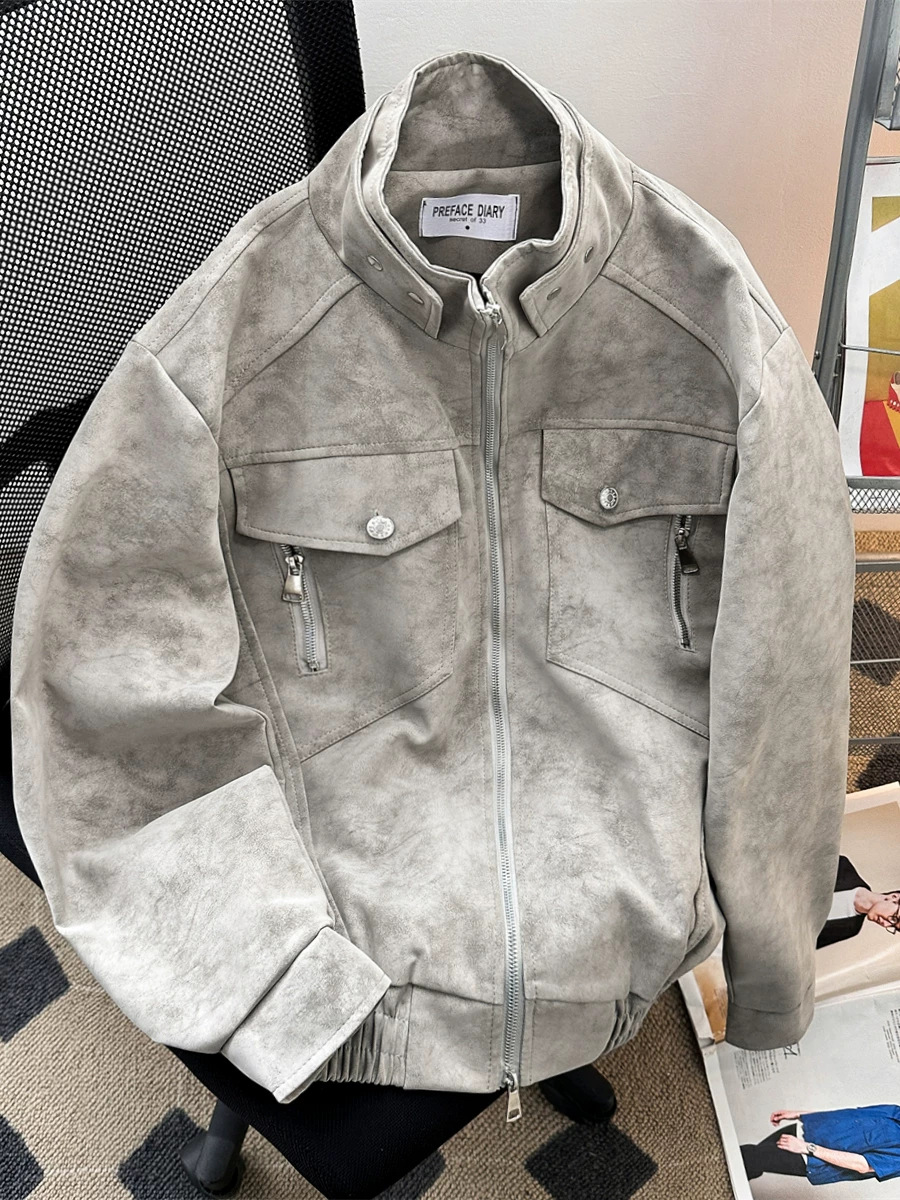 Áo khoác da kiểu Mỹ dành cho nam, mùa xuân, cao cấp, áo khoác da PU cá tính và thời trang, áo khoác Harrington cổ đứng kiểu dáng gọn gàng.