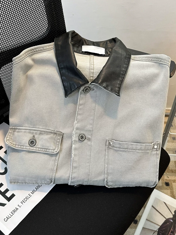 Áo khoác da PU kiểu Mỹ phối chất liệu, áo khoác denim nam mùa xuân thu, kiểu dáng rộng rãi, hợp thời trang, thiết kế cổ điển.