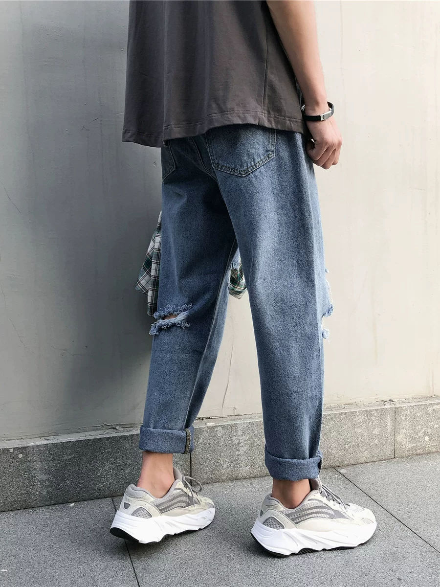 Quần nam phong cách Harajuku, quần jean thời trang kiểu Hàn Quốc, quần ống rộng dáng thẳng, quần rách mùa hè, quần lửng rách.