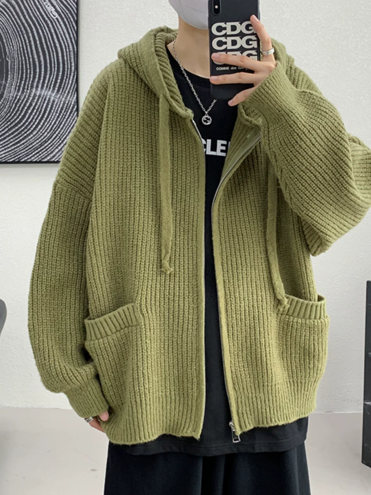 Áo len cardigan phong cách lười biếng dành cho nam, áo len có mũ rộng rãi, áo khoác cặp đôi phong cách retro Nhật Bản hợp thời trang mùa xuân thu.
