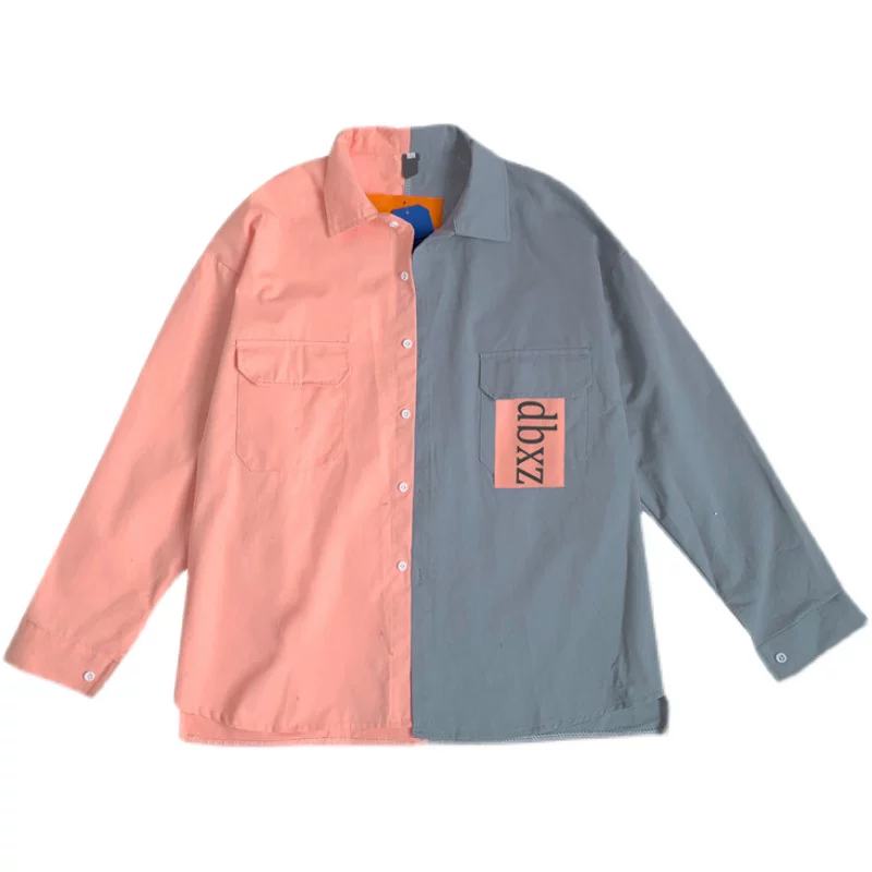 Áo sơ mi nam dài tay, phong cách Hồng Kông thời thượng, phối màu, dáng rộng, áo khoác thường ngày xuân/hè.