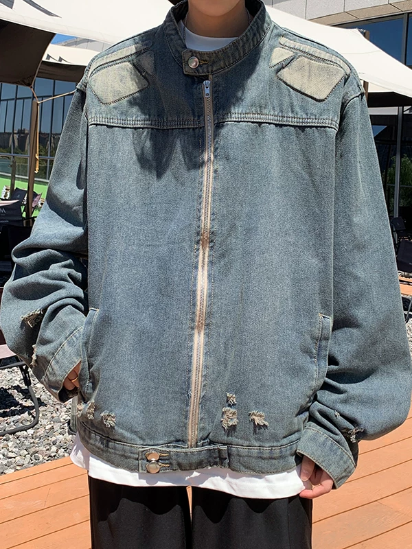 Áo khoác denim phối màu dành cho nam, phong cách mùa thu năng động, áo khoác kiểu workwear rách, thiết kế thương hiệu thời thượng, áo khoác có khóa kéo.
