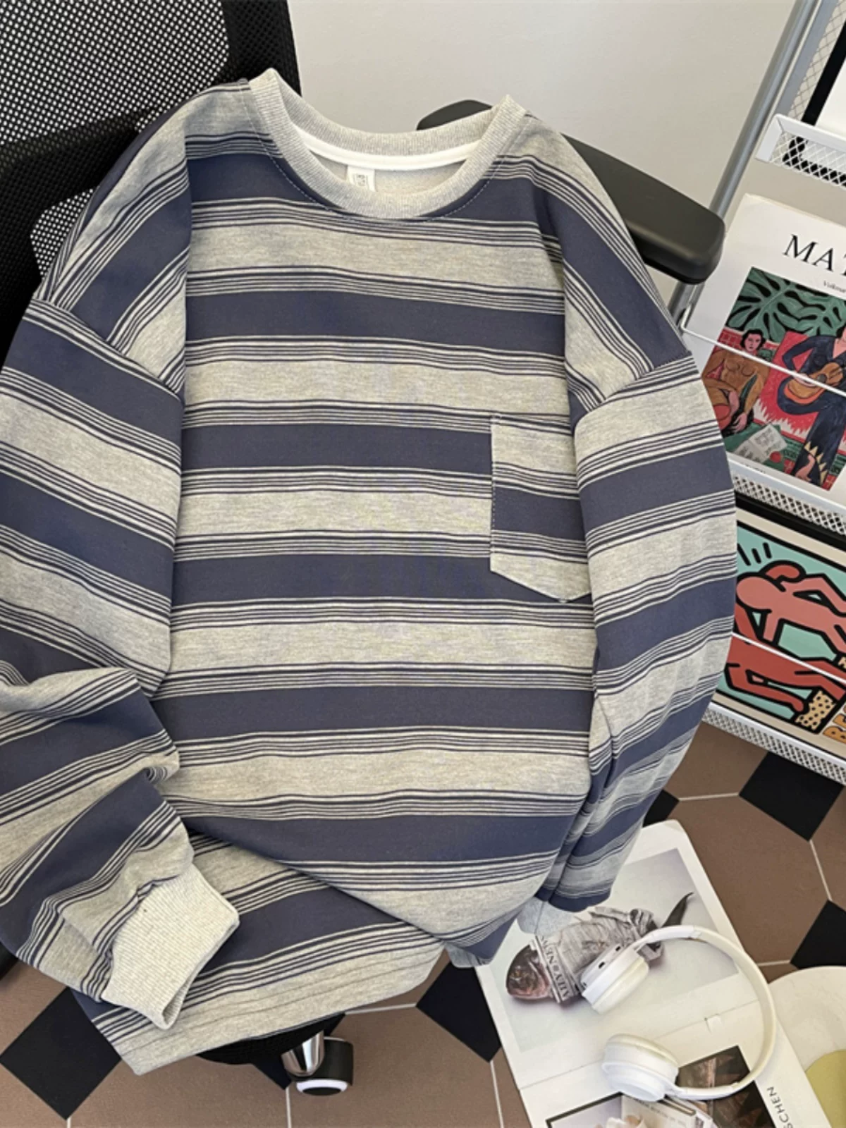 Áo nỉ sọc phối màu xuân thu dành cho nam, áo thun cotton nguyên chất dáng rộng, áo thun dài tay phong cách Mỹ cổ điển hợp thời trang.