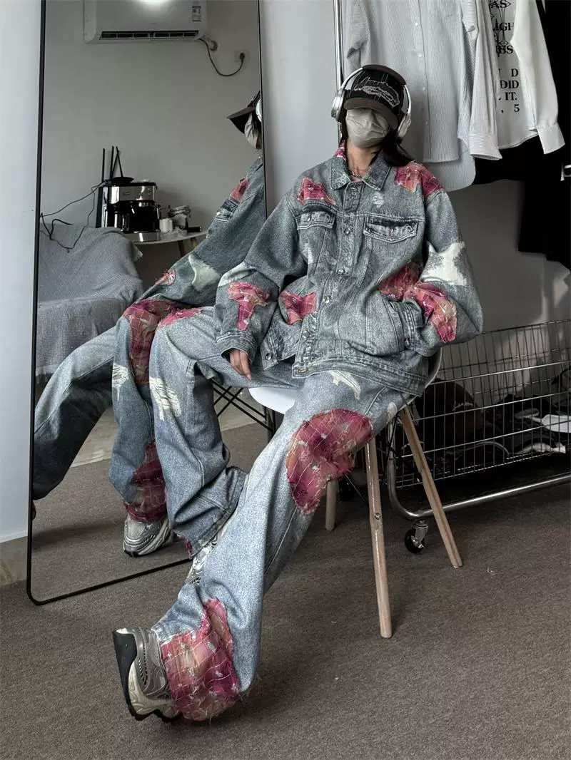 Áo khoác denim rách phối ren nặng chất liệu bền chắc dành cho nam, thiết kế độc đáo phong cách Mỹ, bộ áo khoác và quần denim dáng rộng.