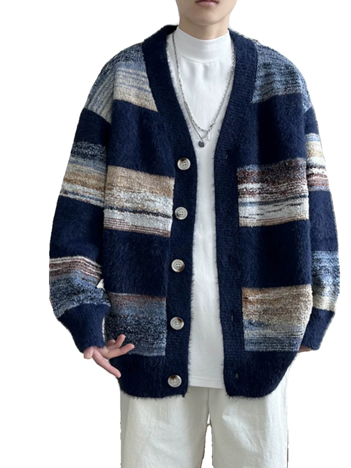 Áo len cardigan phối màu mùa thu đông Áo len dệt kim phong cách retro của cặp đôi Mỹ thương hiệu thời trang ins áo khoác dáng rộng phong cách lười biếng