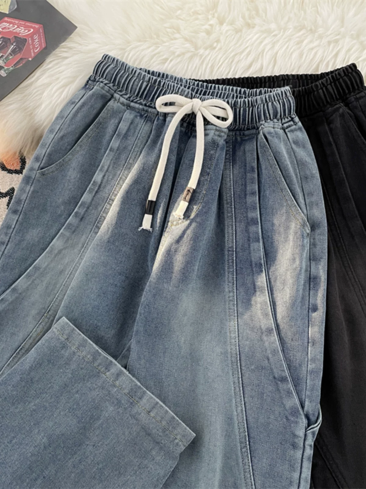 Quần jeans nam cạp chun thiết kế phá cách, phong cách Mỹ mùa xuân thu, quần vintage giặt mài, quần dài ống rộng dáng rộng thời thượng.