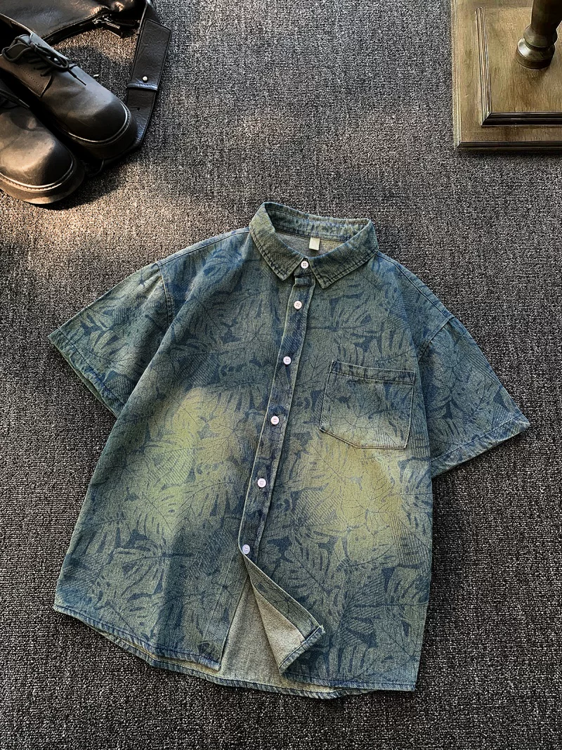 Áo sơ mi denim ngắn tay đã qua giặt, kiểu dáng vintage dành cho nam, áo kiểu mùa hè rộng rãi thoải mái, áo khoác phong cách Mỹ thời thượng, cá tính.