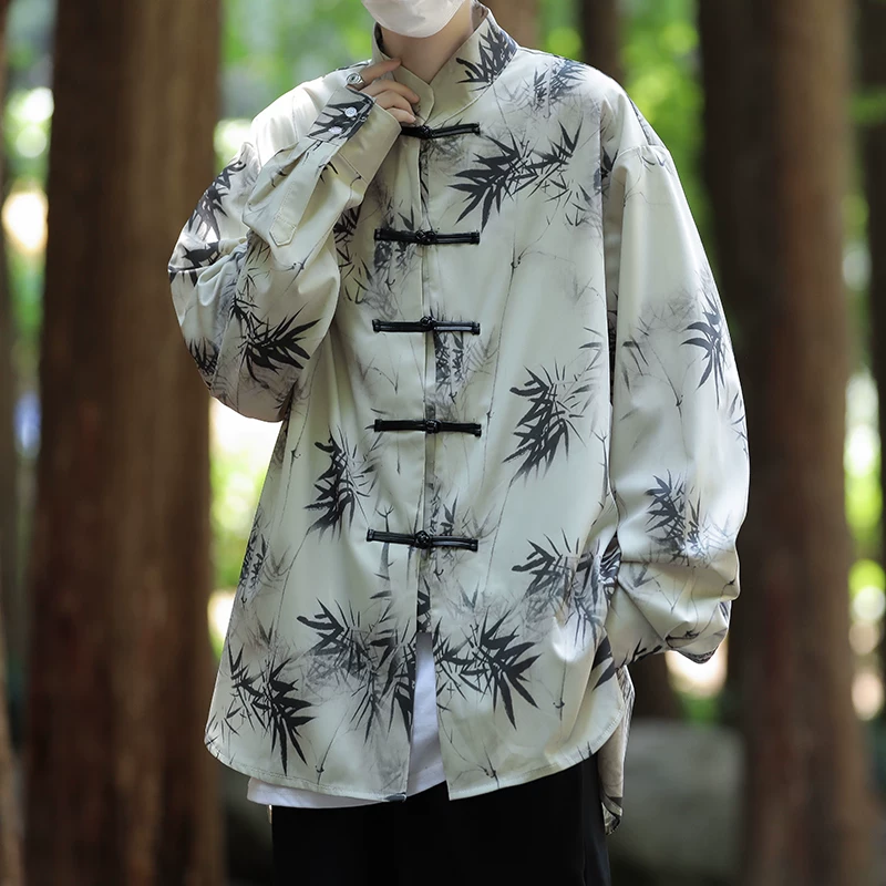 Áo sơ mi dài tay bằng vải lụa mùa hè dành cho nam, áo sơ mi cài cúc phong cách Trung Quốc, áo khoác thường ngày rộng rãi hợp thời trang.