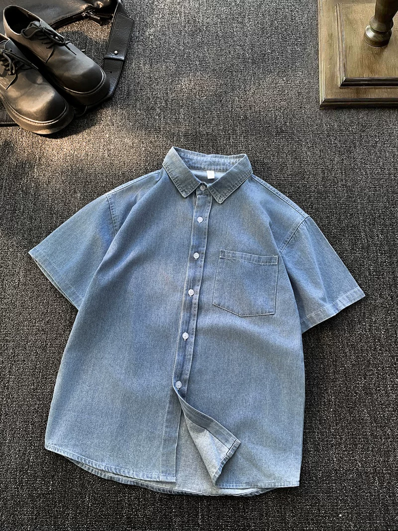 Áo sơ mi denim ngắn tay phong cách retro của Mỹ dành cho nam, áo công sở dáng rộng thoải mái mùa hè, áo khoác sơ mi thương hiệu thời thượng sành điệu