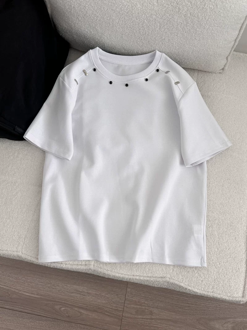 Áo thun ngắn tay thiết kế đính hạt kiểu Mỹ dành cho nam và nữ, áo cổ tròn dáng rộng thương hiệu thời thượng, áo thun chắp vá phá cách mùa hè.
