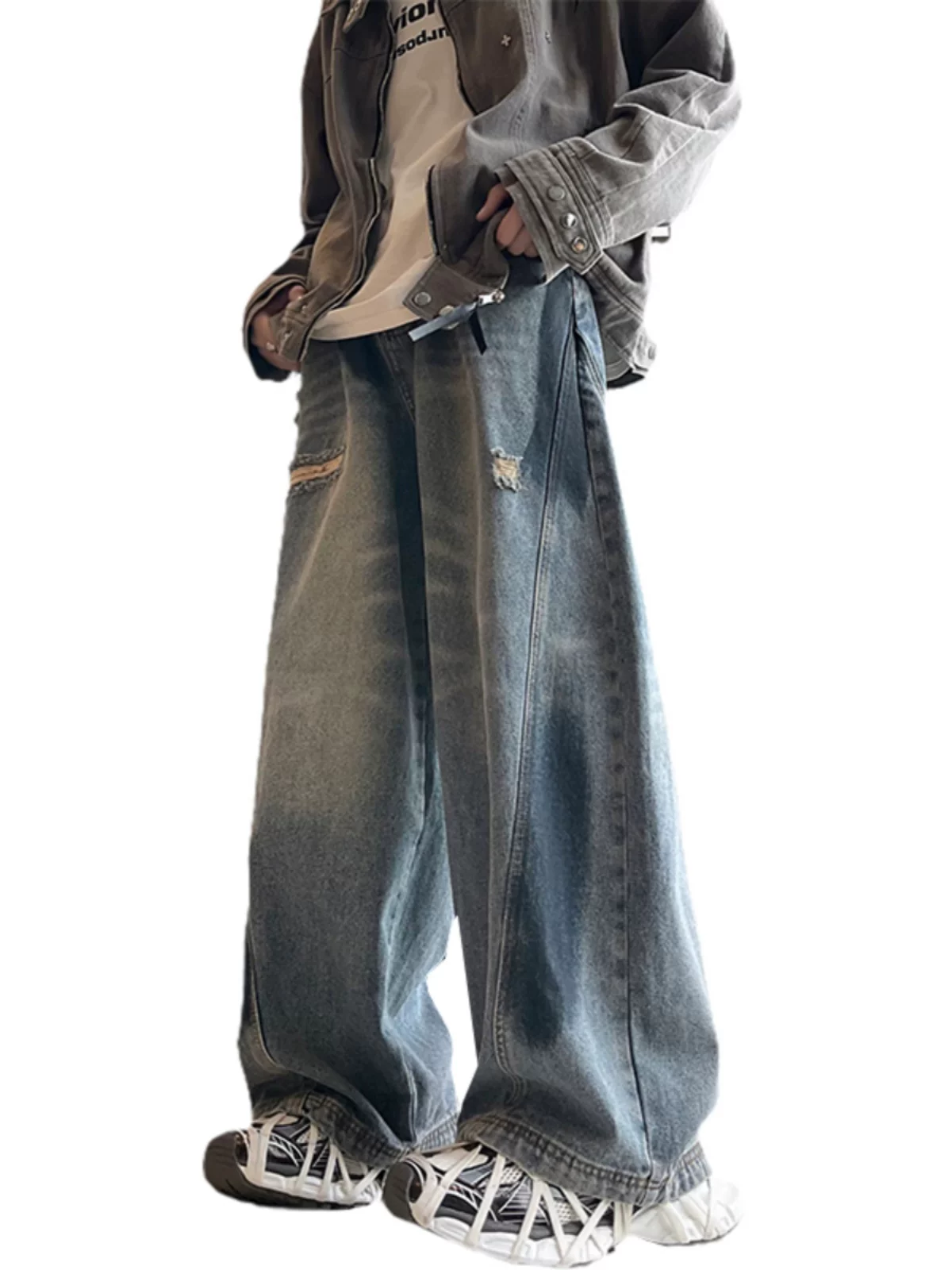 Quần jeans rách phong cách retro Mỹ dành cho nam, quần ống rộng thoải mái mùa xuân thu, thương hiệu thời thượng, giặt mài và tạo hiệu ứng cũ kỹ, quần dáng cong.