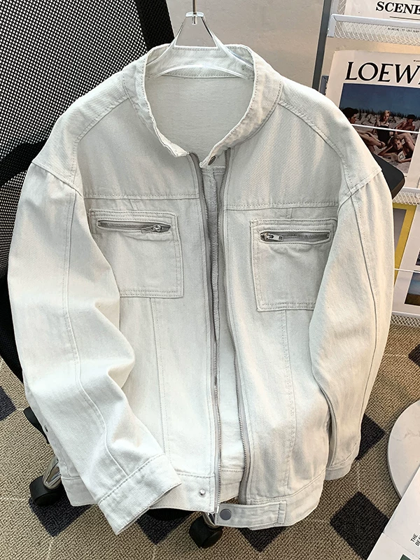 Áo khoác denim kiểu Mỹ dành cho nam, áo khoác vải canvas giặt mài thời thượng, áo khoác công sở dáng rộng cổ đứng cho mùa xuân và mùa thu.