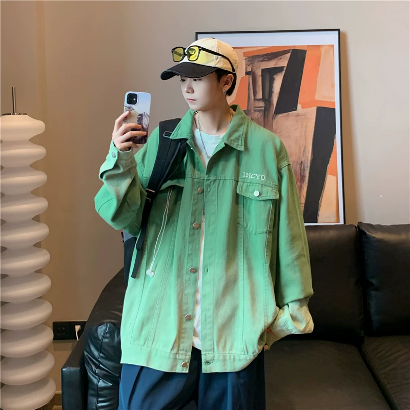 Áo khoác denim màu gradient đã qua xử lý giặt mềm dành cho nam, phong cách Mỹ, kiểu dáng đường phố cá tính, áo khoác cặp đôi thời trang thu đông dáng rộng.