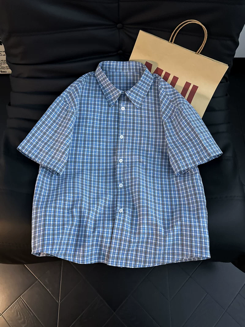 Áo sơ mi ngắn tay kẻ sọc phong cách retro của Mỹ dành cho nam, áo khoác sơ mi dáng rộng mùa hè, áo nửa tay thông thường của thương hiệu thời thượng