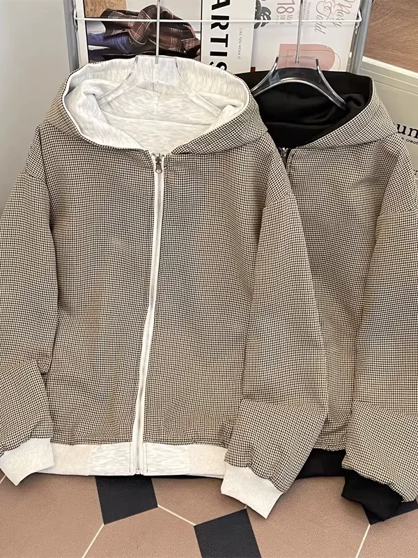 Áo len cardigan họa tiết răng cưa dành cho nam và nữ, áo khoác dáng rộng phong cách Mỹ thời thượng mùa thu đông, áo khoác có mũ thiết kế có thể đảo ngược.