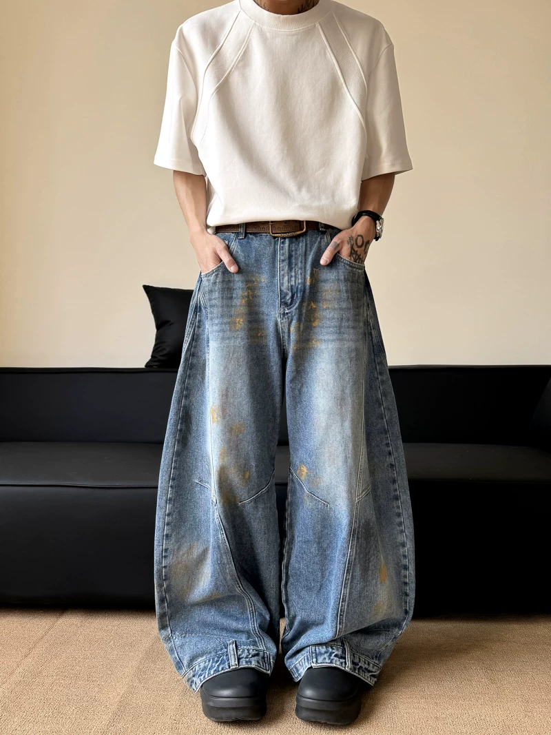 Quần jeans kiểu dáng dirty dye cao cấp dành cho nam và nữ, quần ống rộng kiểu Mỹ bền chắc, quần dài chạm đất phong cách retro thời thượng.